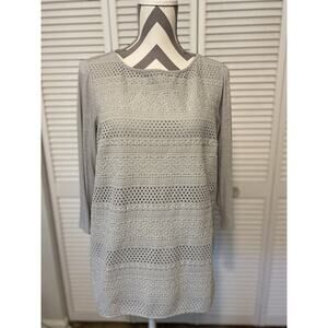 J. Jill Embroidered Knit Top Women’s Size S Floral Eyelet Lace 3/4 Sleeves Gray